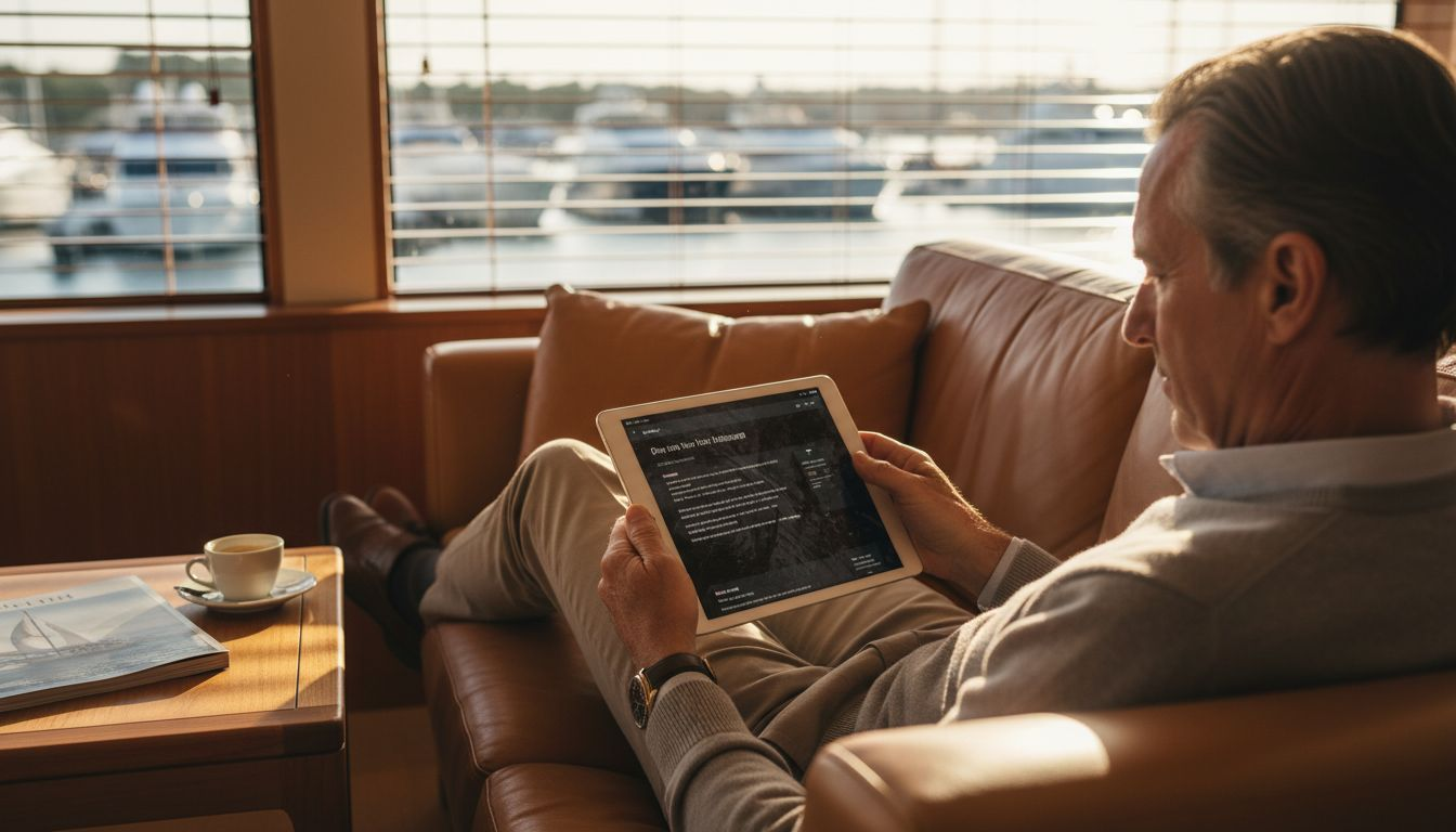 Luxury buyer reading personalized email on sofa