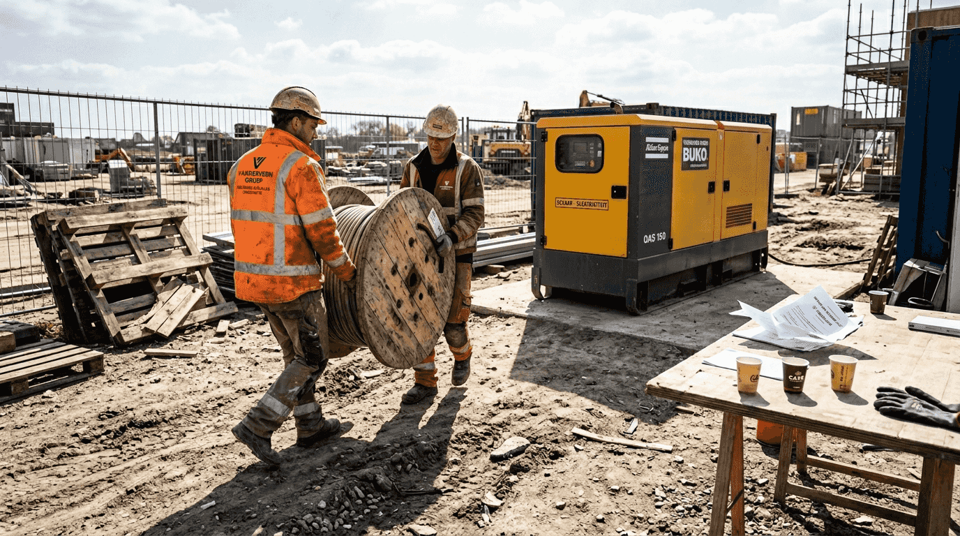 Op de bouwplaats zijn monteurs druk bezig met het plaatsen van een generator.