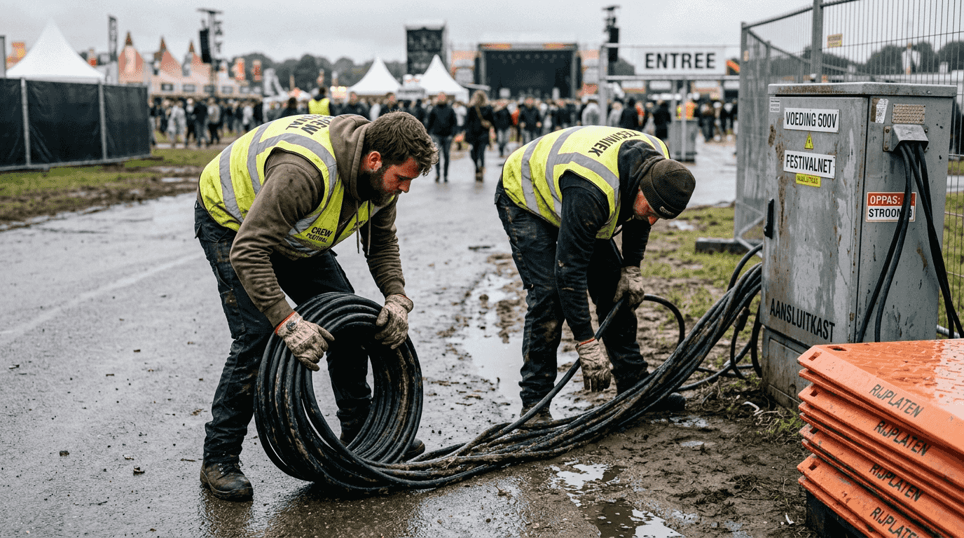Op het festivalterrein zijn installateurs druk bezig met het aanleggen van 5G6-kabels.