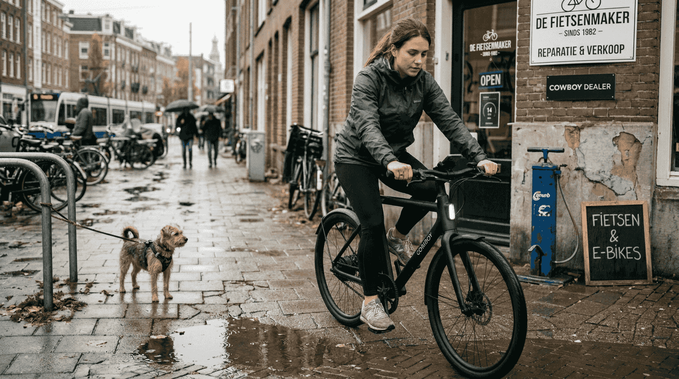 Vrouw probeert de trapondersteuning uit op een Cowboy e-bike