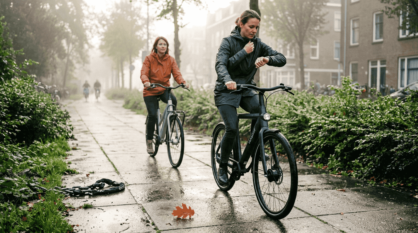Twee vrouwen proberen elektrische fietsen uit op het fietspad.