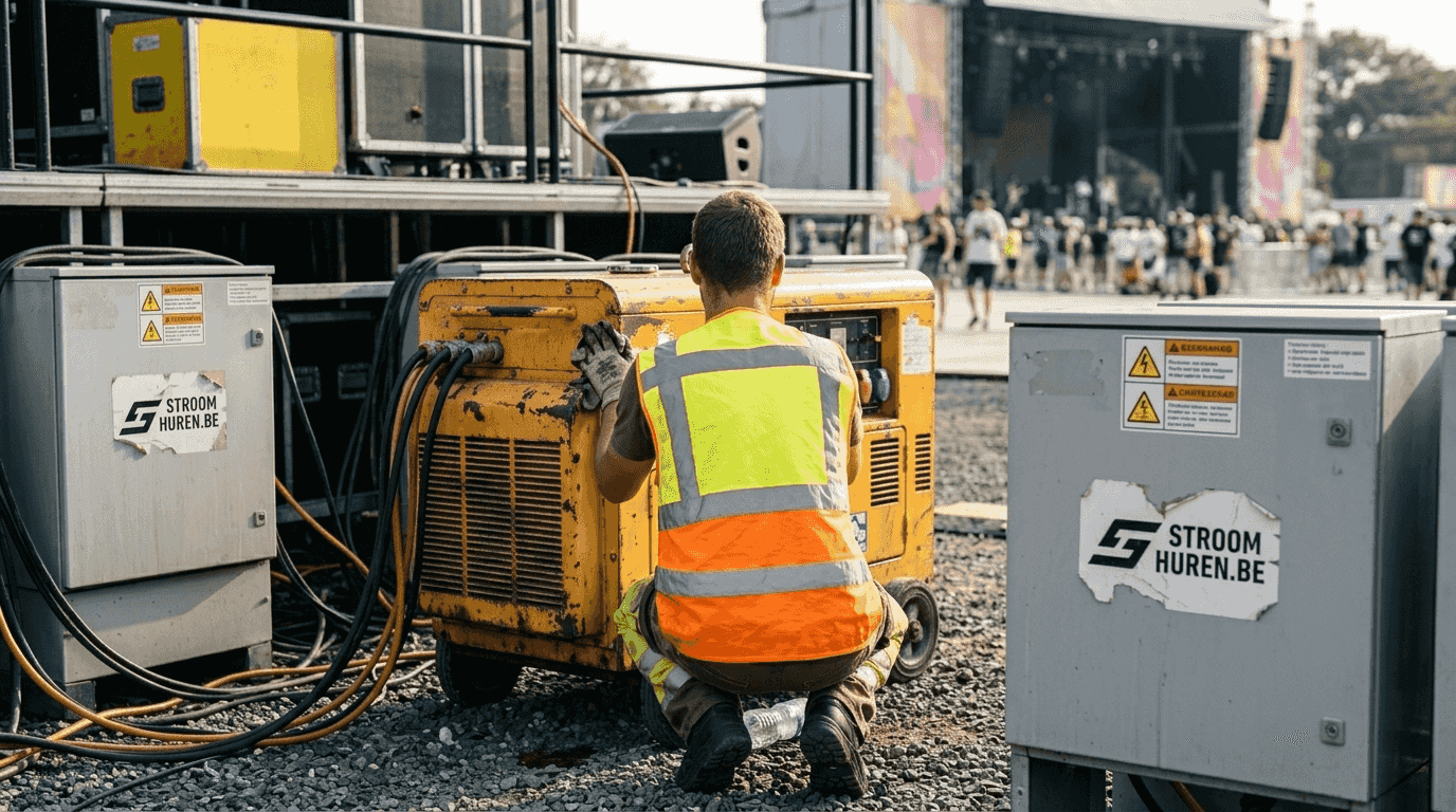 Naast het podium staat een dieselgenerator klaar om stroom te leveren tijdens het evenement.