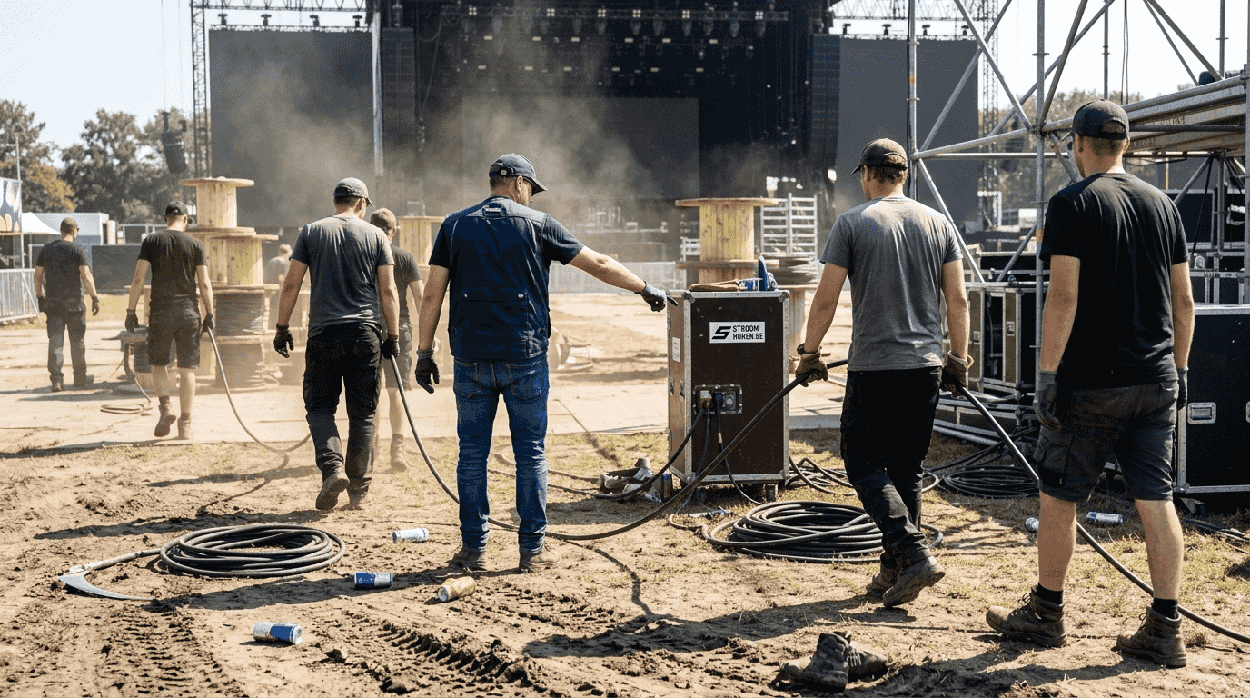 Medewerkers zijn druk bezig met het aanleggen van stroomvoorziening bij het podium op het festivalterrein.