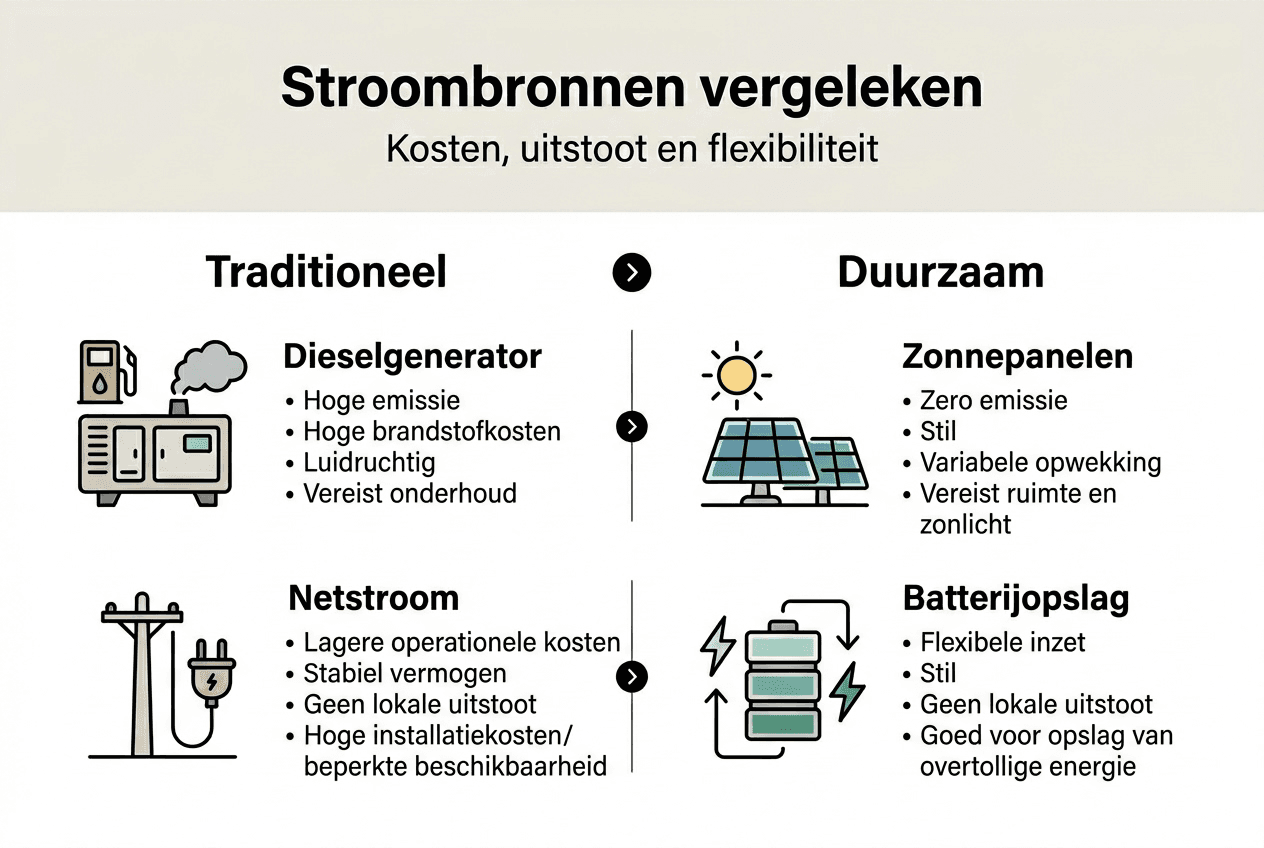 Overzicht: welke stroombronnen worden gebruikt bij bouwprojecten en evenementen?