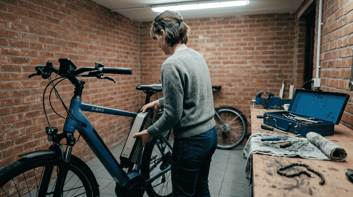 Een vrouw haalt de accu van haar e-bike uit de fiets in de garage.