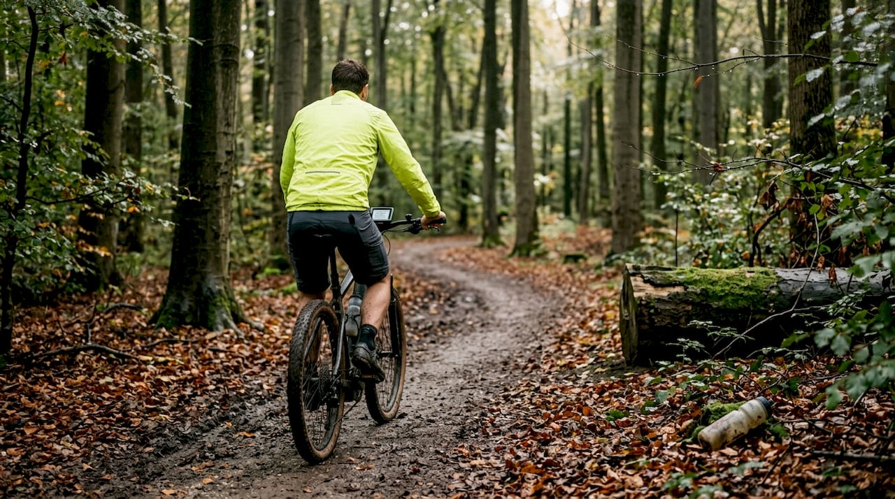 Een fietser ploetert over een modderig grindpad, diep in een Belgisch bos.