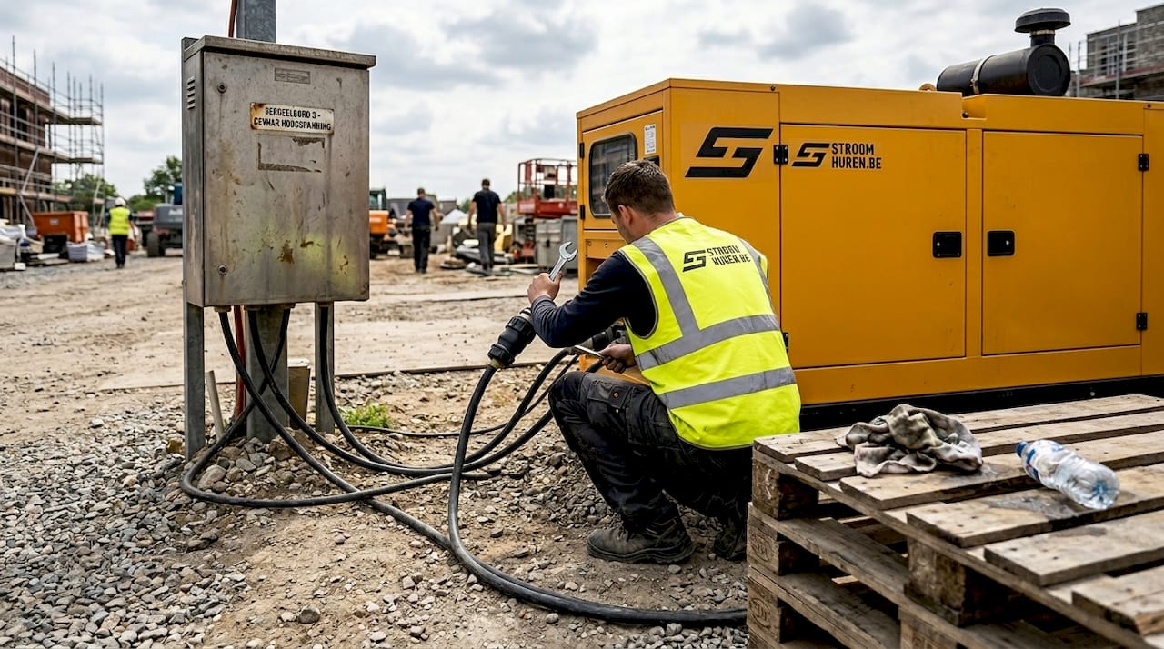 Een monteur sluit op de bouwplaats een dieselgenerator aan.