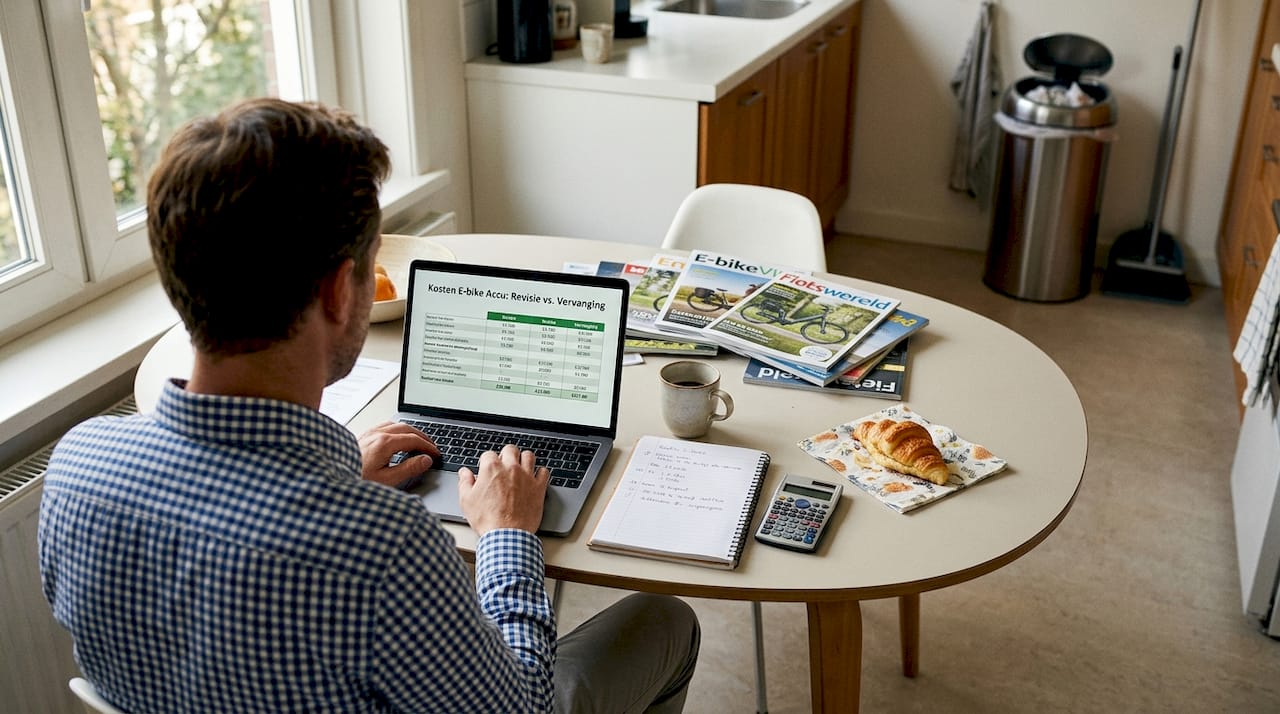 Iemand vergelijkt de kosten van een accu revisie met die van een compleet nieuwe accu.