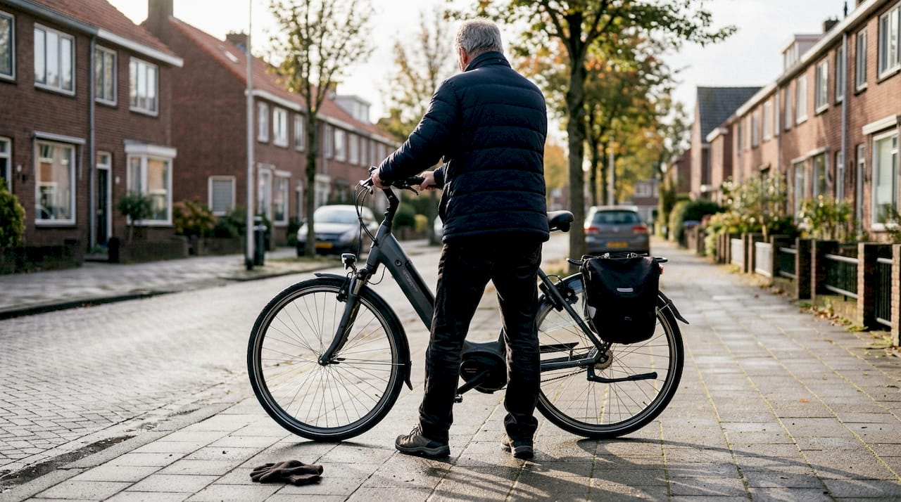 Man kijkt zijn elektrische fiets na en controleert de middenmotor op balans