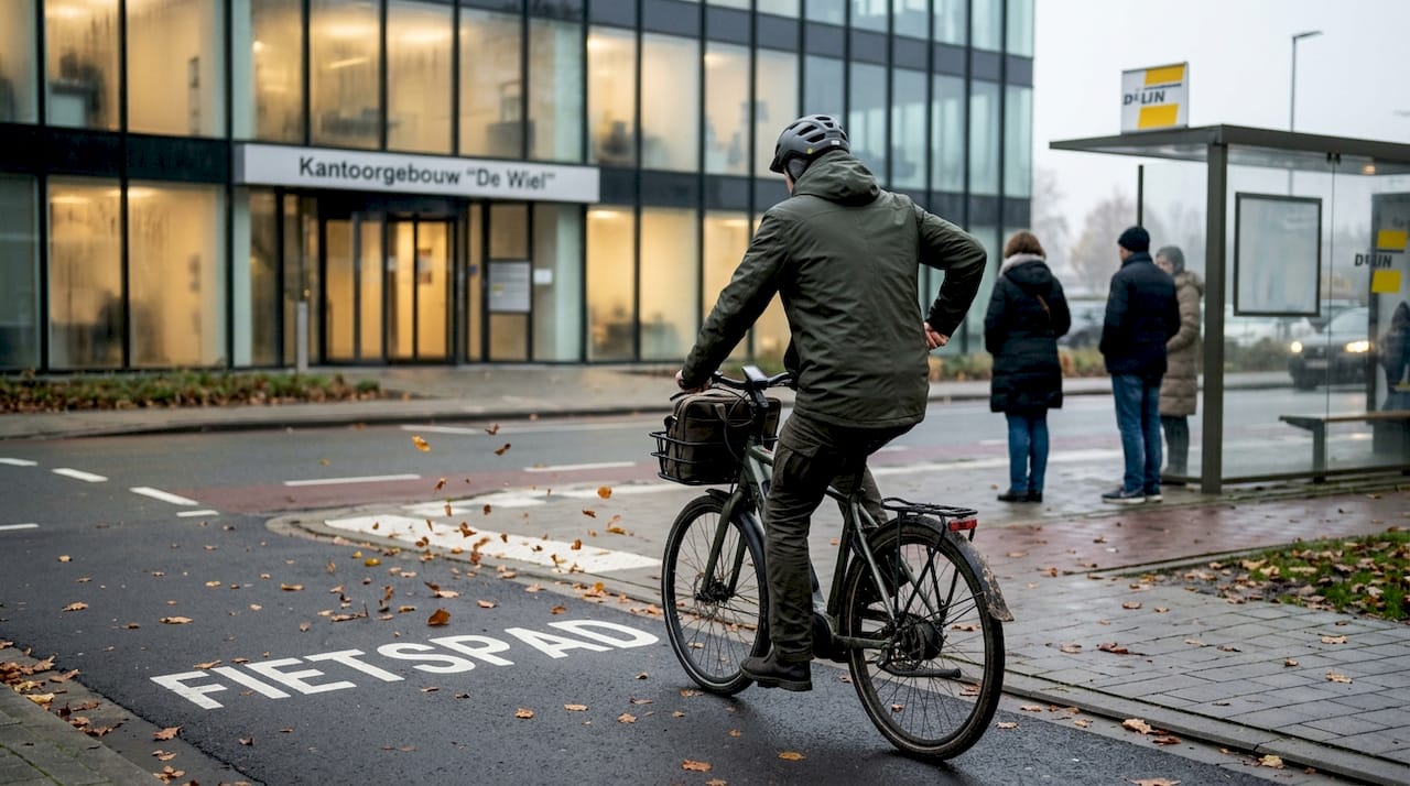 Een vrouw fietst op haar e-bike langs een modern kantoorgebouw.