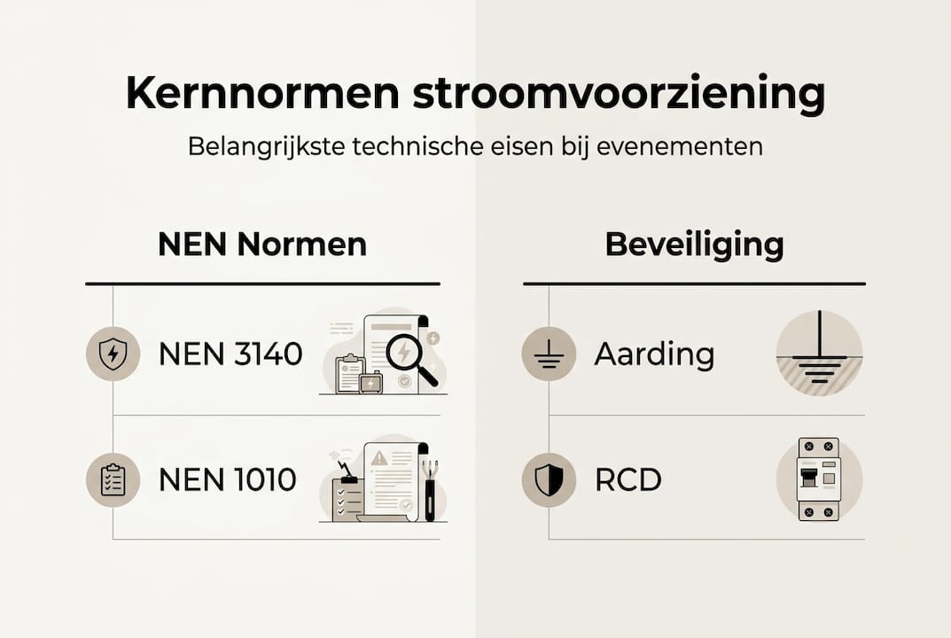 Infographic: basisnormen en veiligheidsmaatregelen voor stroomvoorziening op evenementen