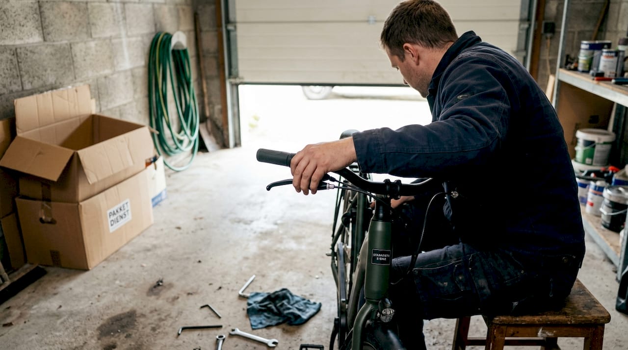 Vrouw controleert de remmen van haar e-bike in de garage