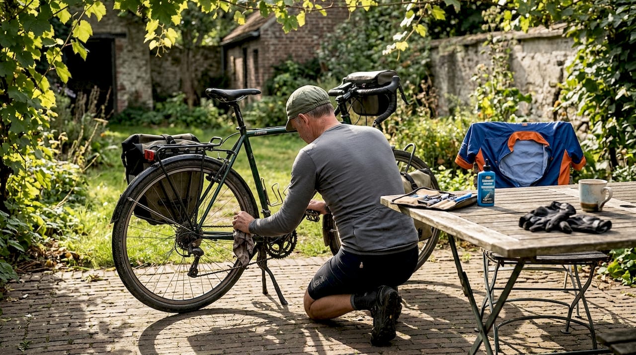 Een fietser controleert buiten even zijn banden en de ketting.