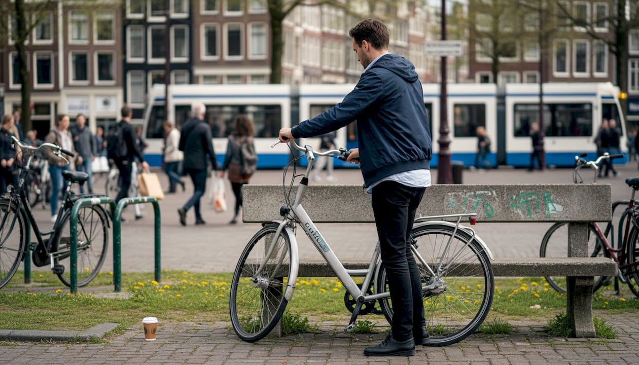 Een man inspecteert een stadsfiets bij een bankje.