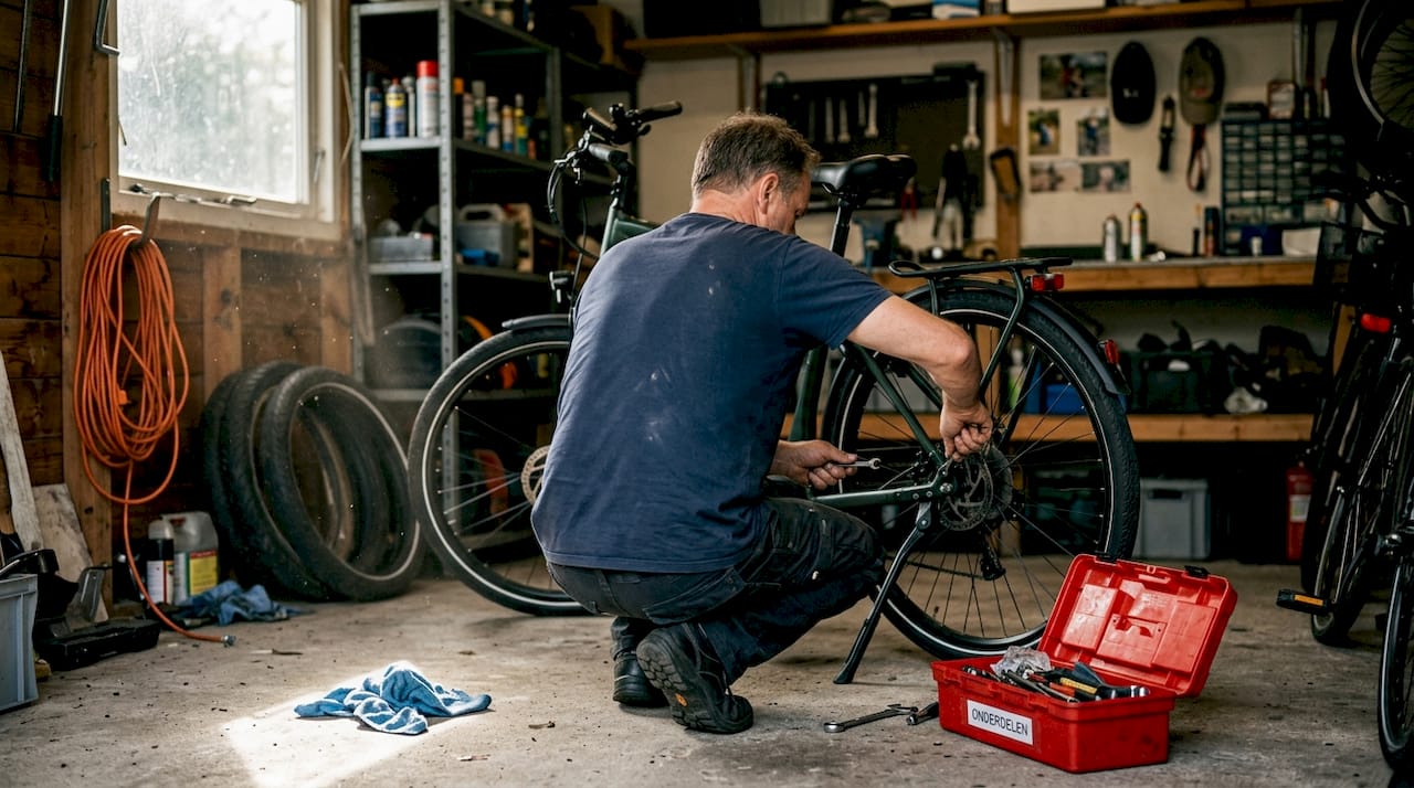Een man is in zijn garage bezig met het onderhouden van zijn e-bike.