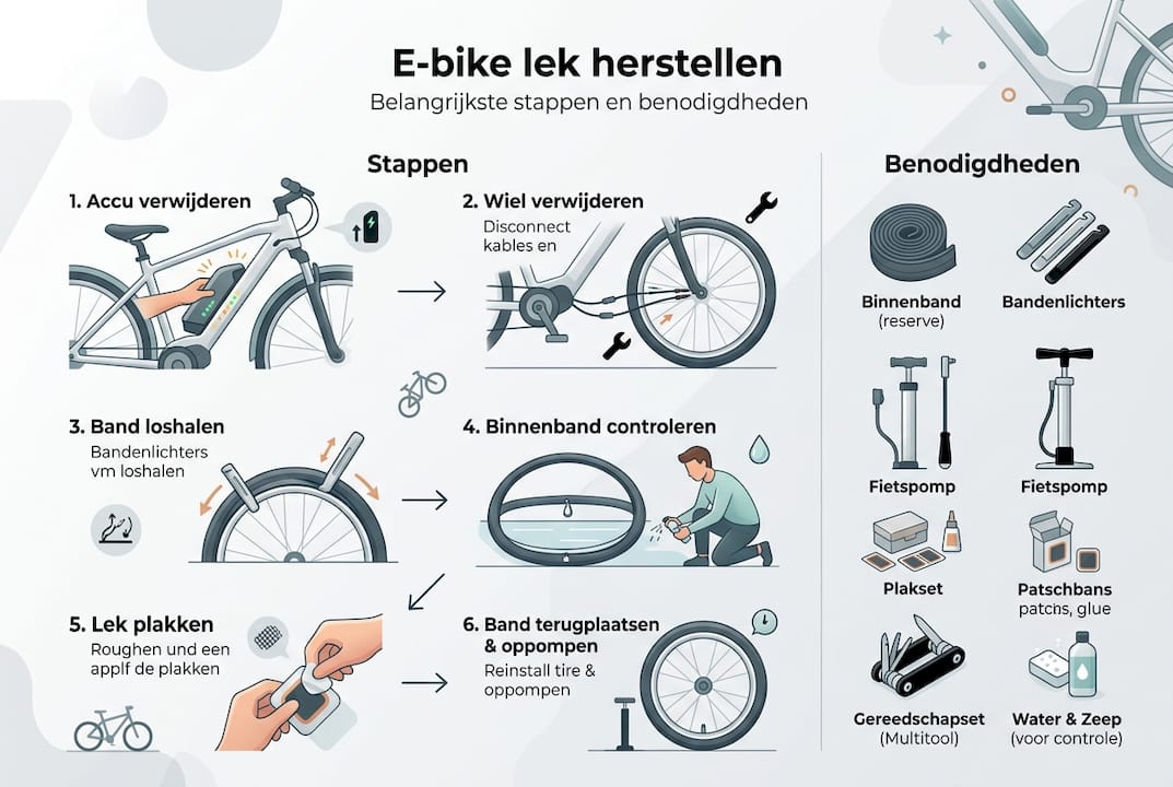 Overzichtelijke infographic: zo repareer je een lekke band van je e-bike, inclusief benodigde materialen en stappenplan.