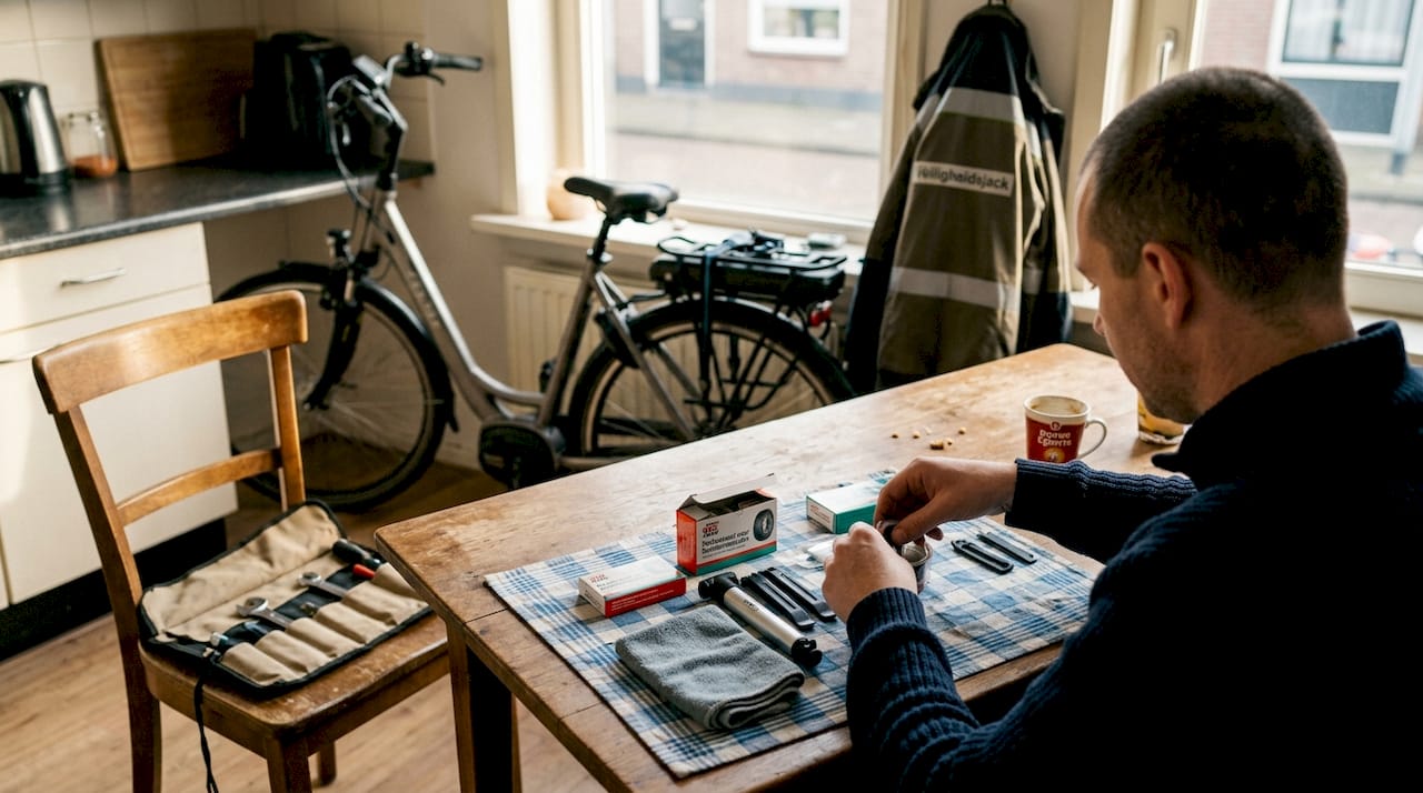 Vrouw spreidt e-bike onderdelen uit op het aanrecht om aan de slag te gaan met een reparatie.