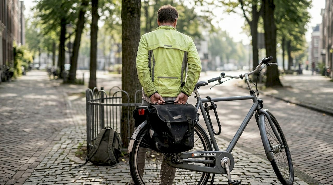 Een man maakt op de stoep zijn fietstas vast aan zijn stadsfiets.