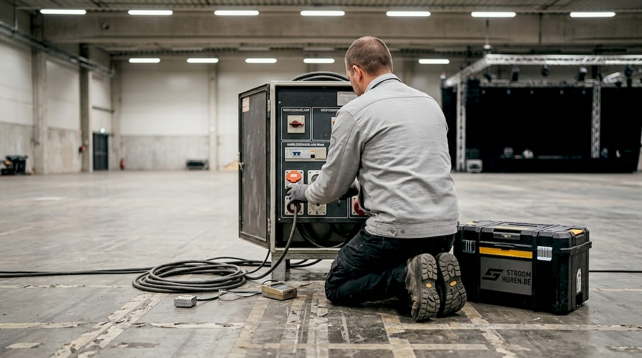 Een erkende keurmeester voert een inspectie uit op de elektrische installatie van het evenement.