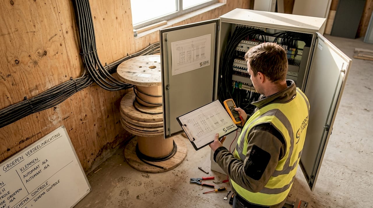 De projectleider inspecteert de stroomkabels op de bouwplaats.