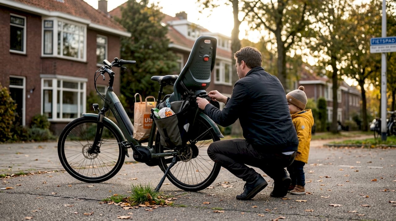 Moeder kijkt of het kinderzitje goed vastzit op haar e-bike