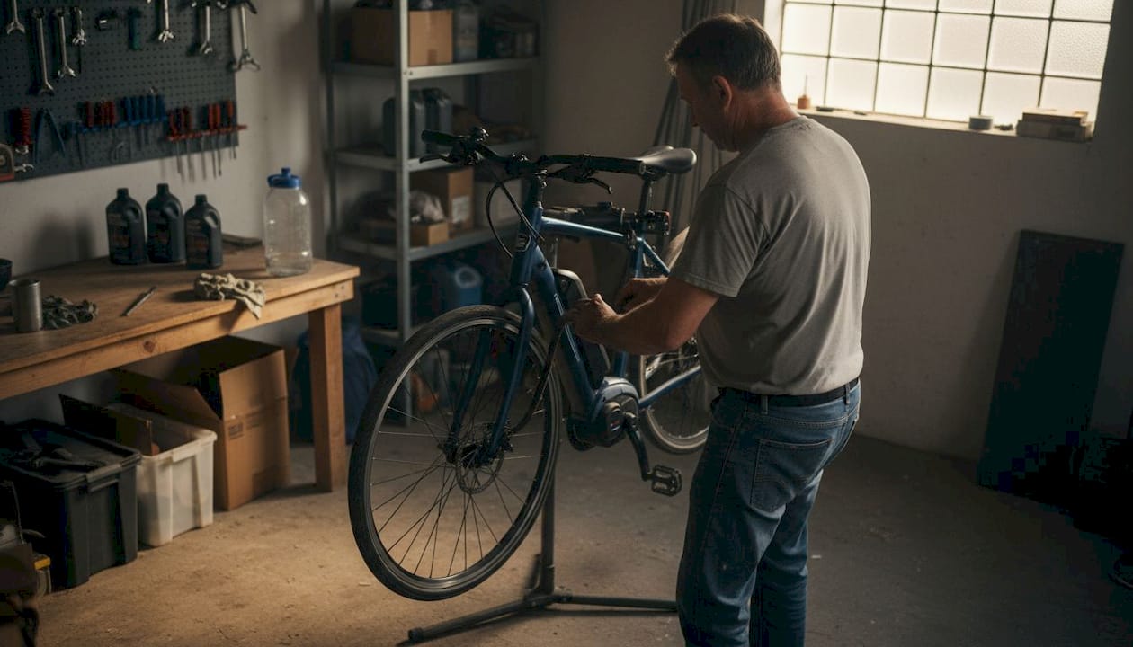 Een man is in de garage bezig met het onderhoud van zijn e-bike.
