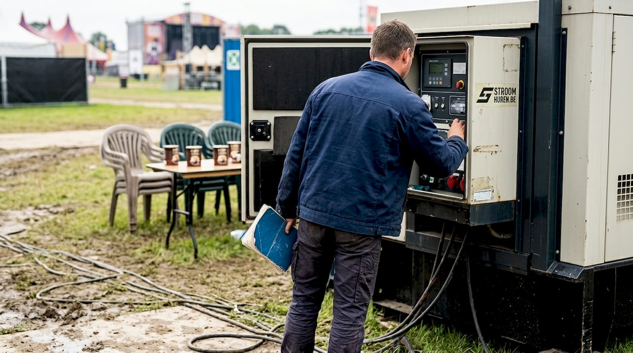 De contactpersoon inspecteert het aggregaat op het festivalterrein.