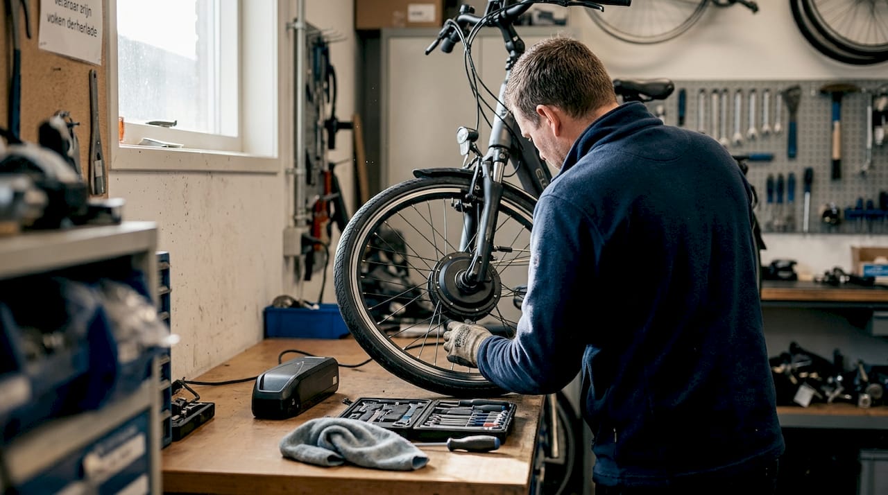 De fietsenmaker geeft een kijkje in de werkplaats en laat zien hoe een e-bike motor wordt gemonteerd.