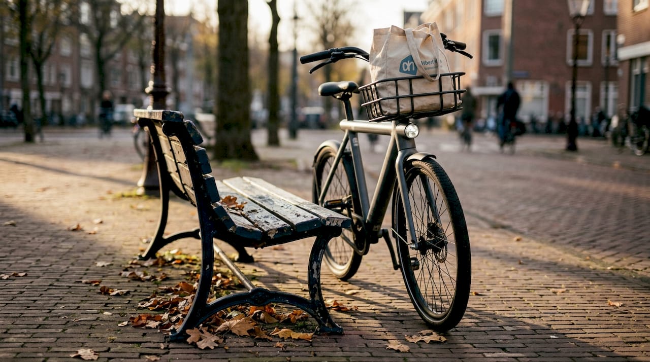 Stads e-bike met handige mand en accessoires in detail