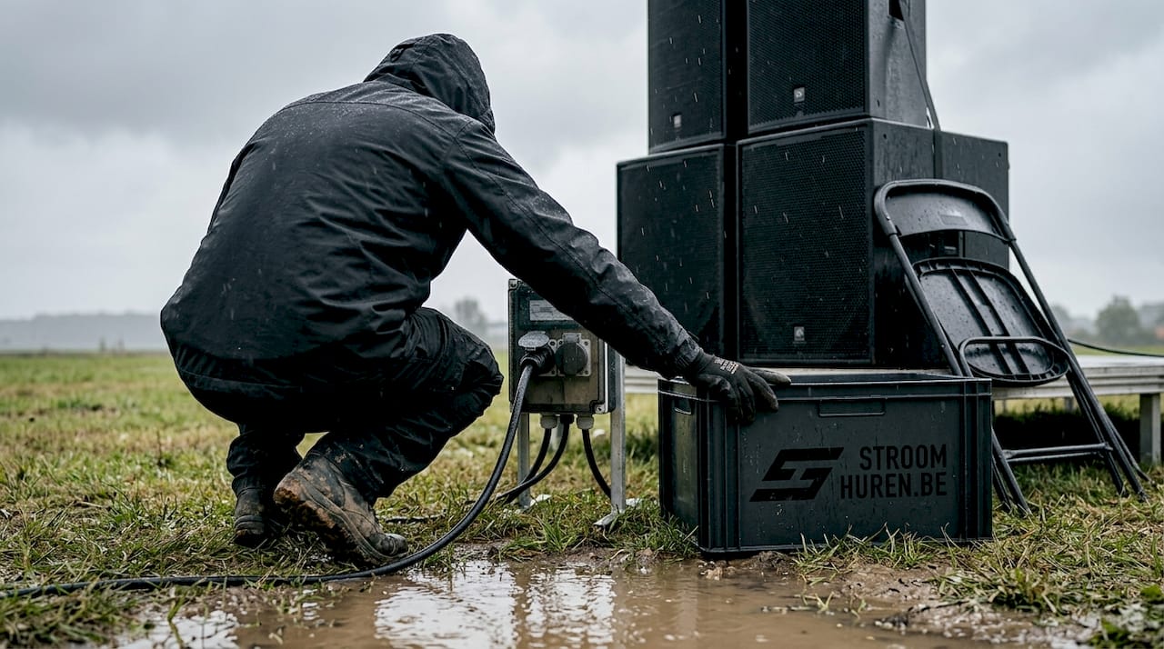 Een medewerker sluit buiten een kabel aan op de installatie.
