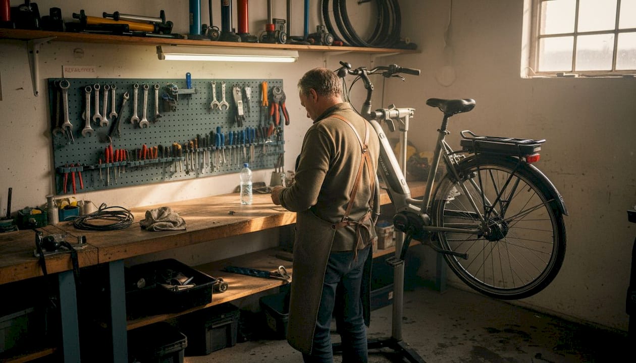 Een monteur is bezig met het onderhouden van een e-bike.