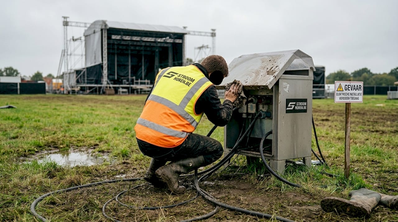 Plaatsen van een verdeelkast op het grasveld naast het festivalterrein