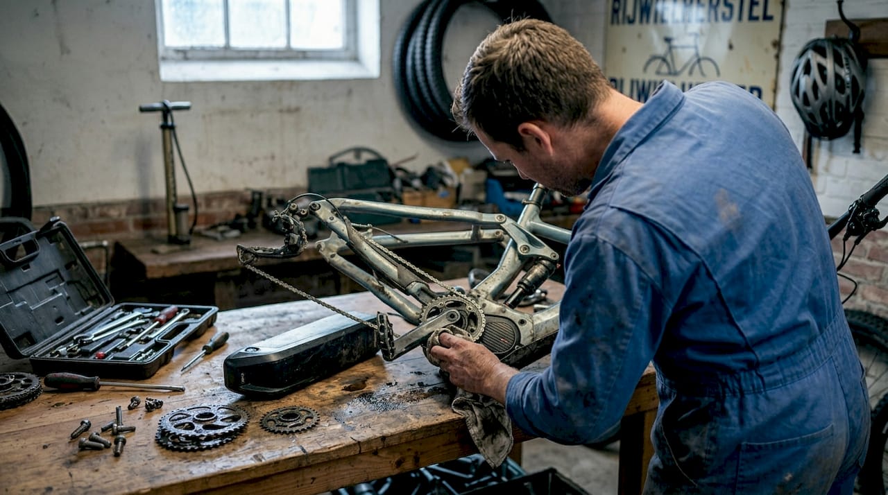 Een fietsenmaker sleutelt aan het motorgedeelte van een elektrische mountainbike in zijn werkplaats.