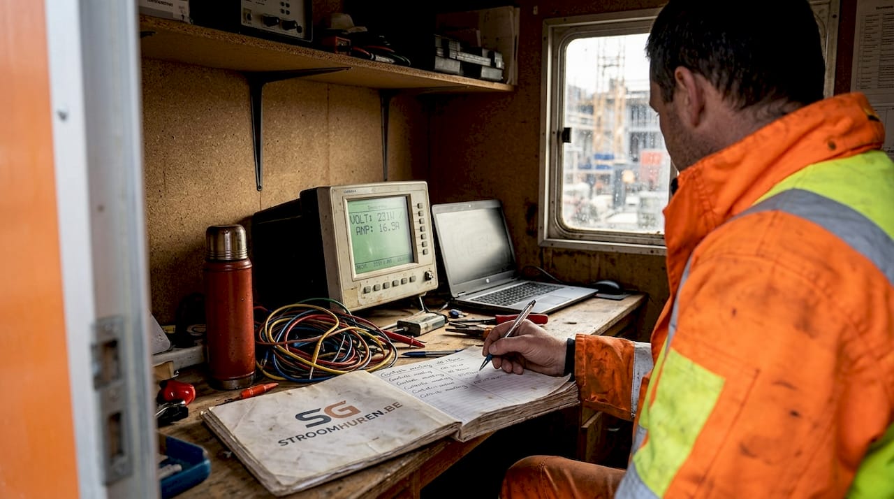 Een medewerker controleert het monitoringsysteem voor de stroomvoorziening in de bouwkeet.
