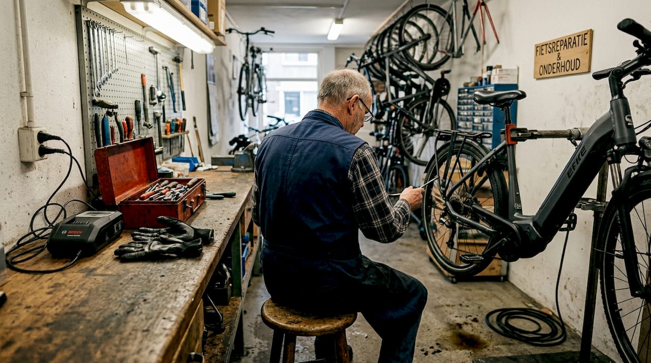 Een monteur is bezig met het repareren van een e-bike aan de werkbank.