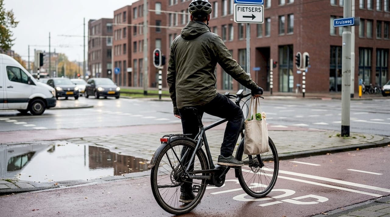 Vrouw staat met haar speed pedelec te wachten voor het stoplicht
