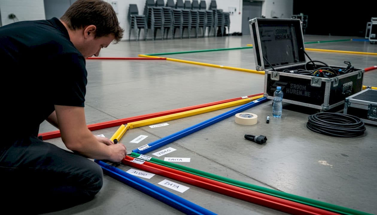 Een vrouw voorziet kabels van labels in een evenementenhal.