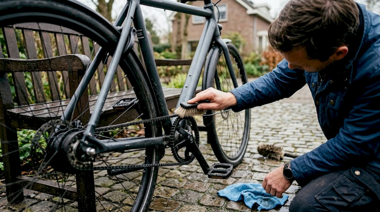 Maak de riemaandrijving schoon door er voorzichtig met een zachte borstel overheen te gaan.