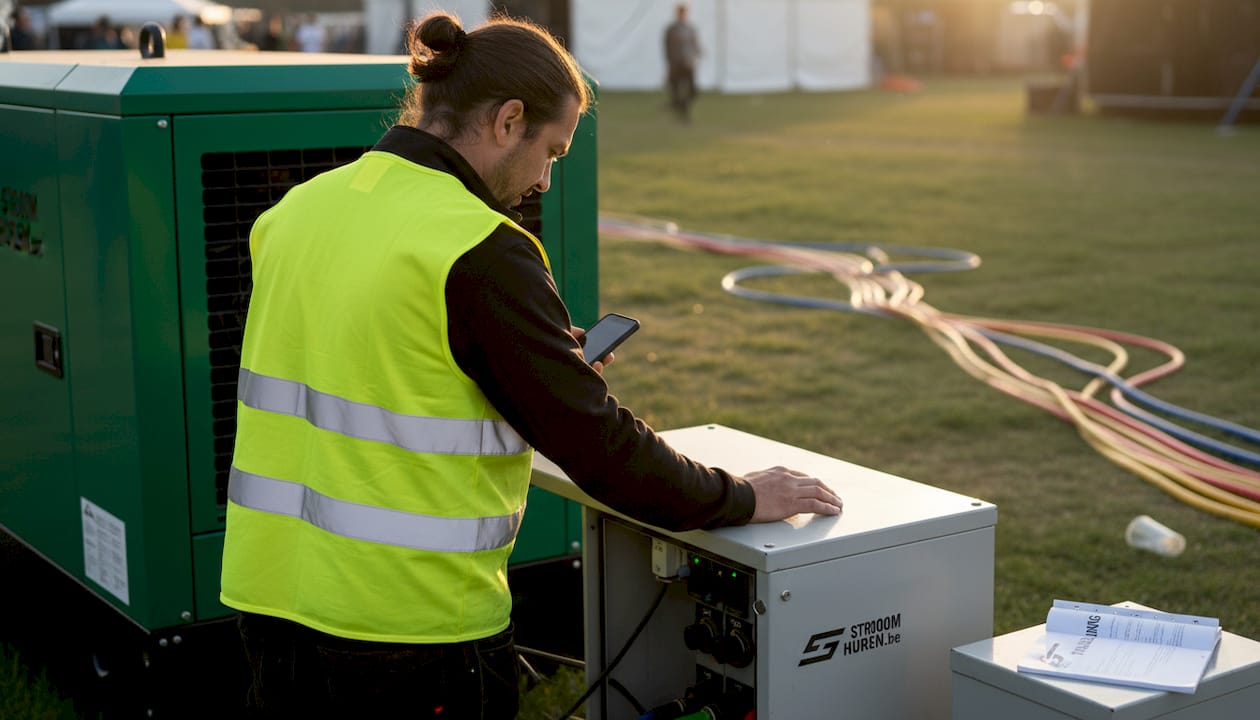 De eventmanager loopt langs om te controleren of het aggregaat op het festival goed werkt.