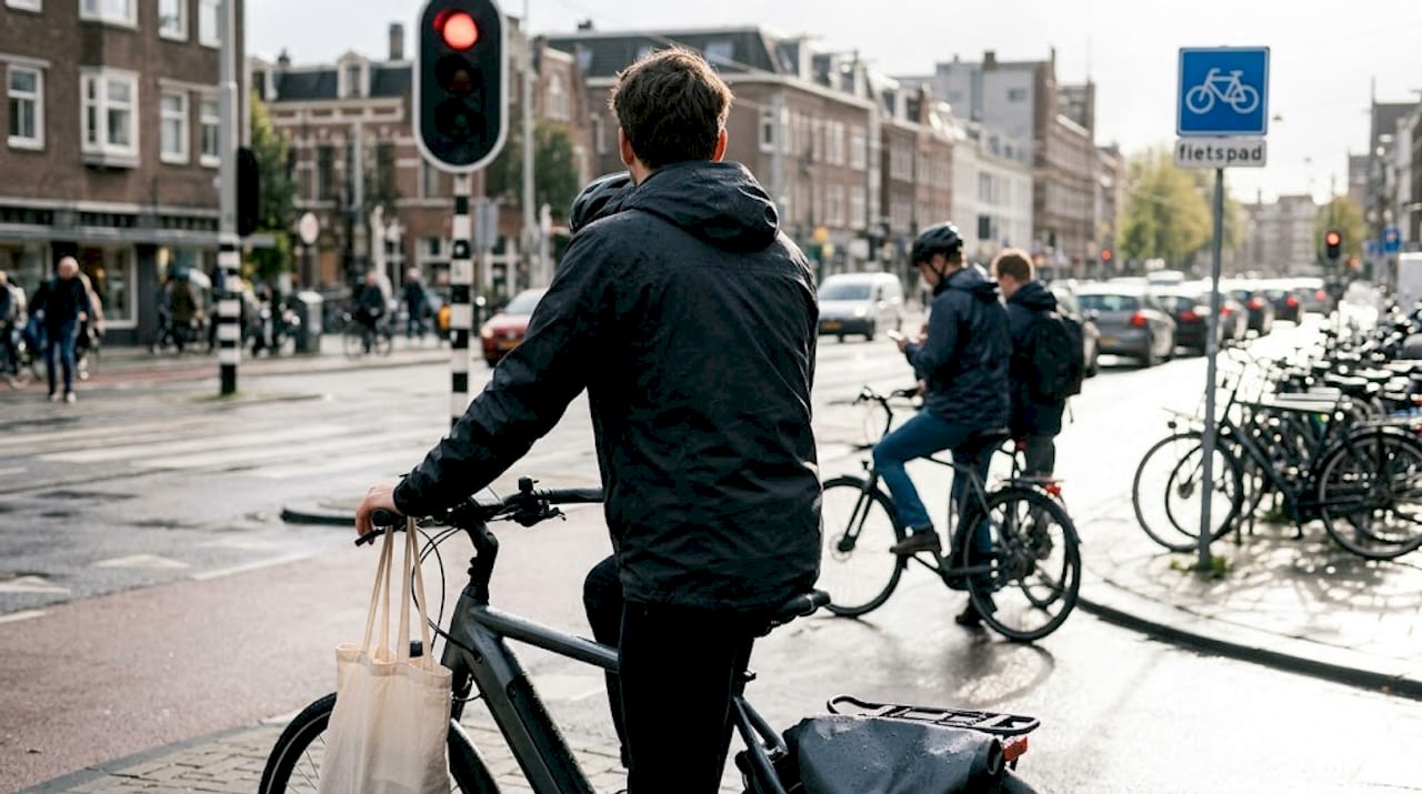 Een vrouw staat met haar e-bike te wachten bij het drukke stadsverkeer.