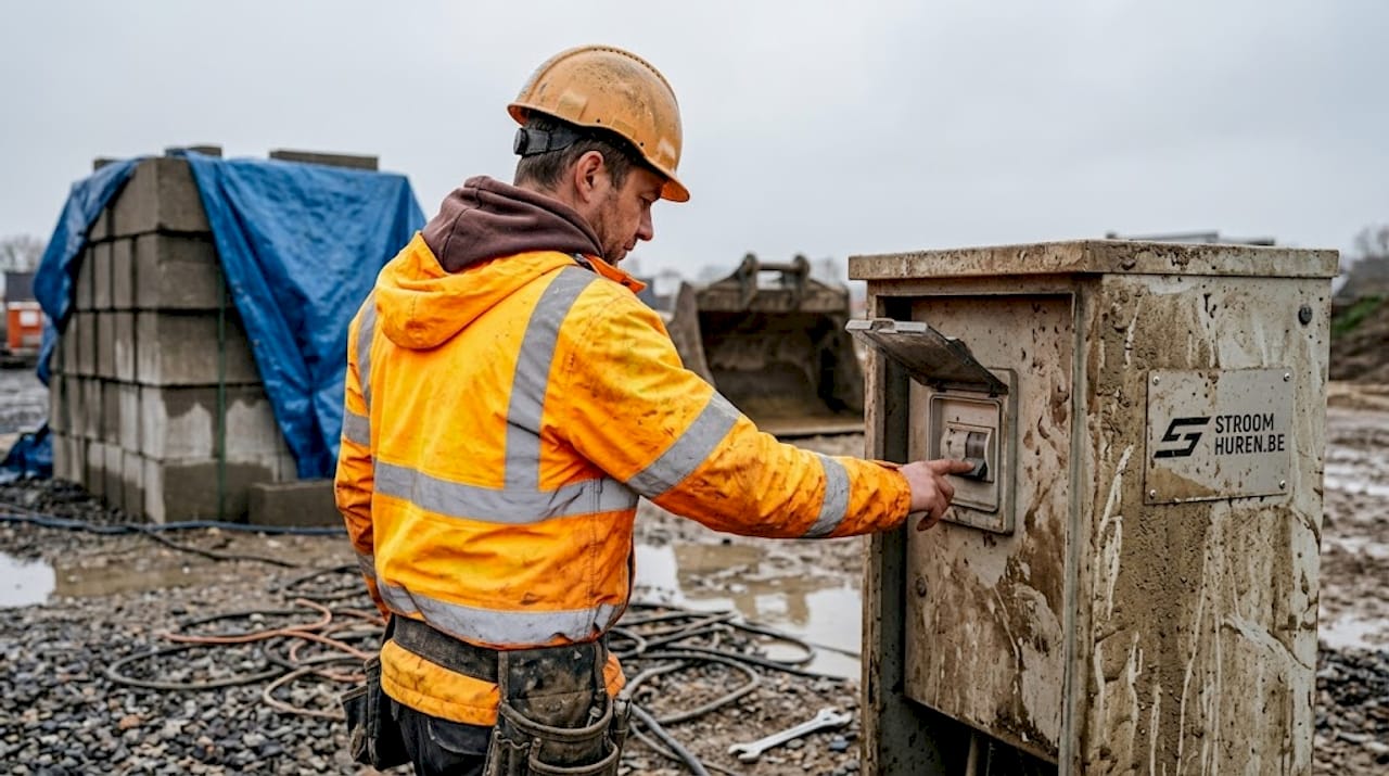 Medewerker bedient verdeelkast op modderige bouwplaats
