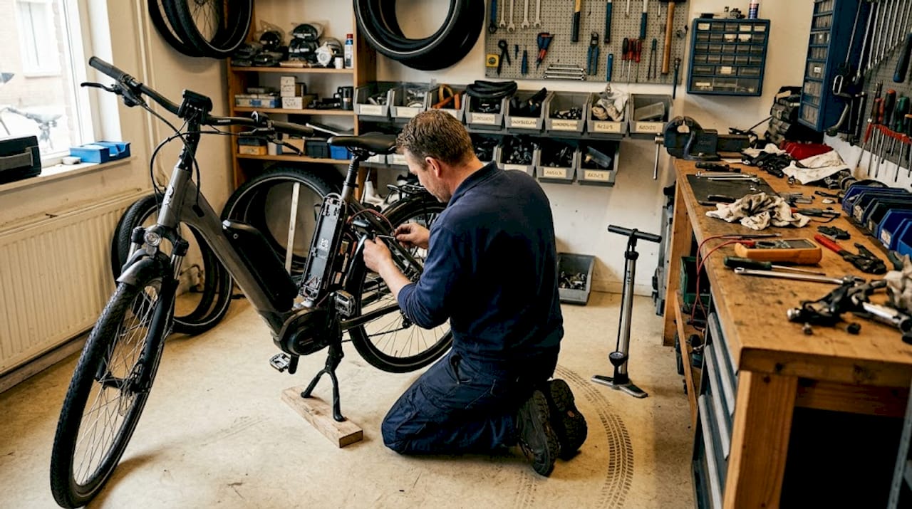 Een fietsenmaker sleutelt aan een e-bike in zijn werkplaats.