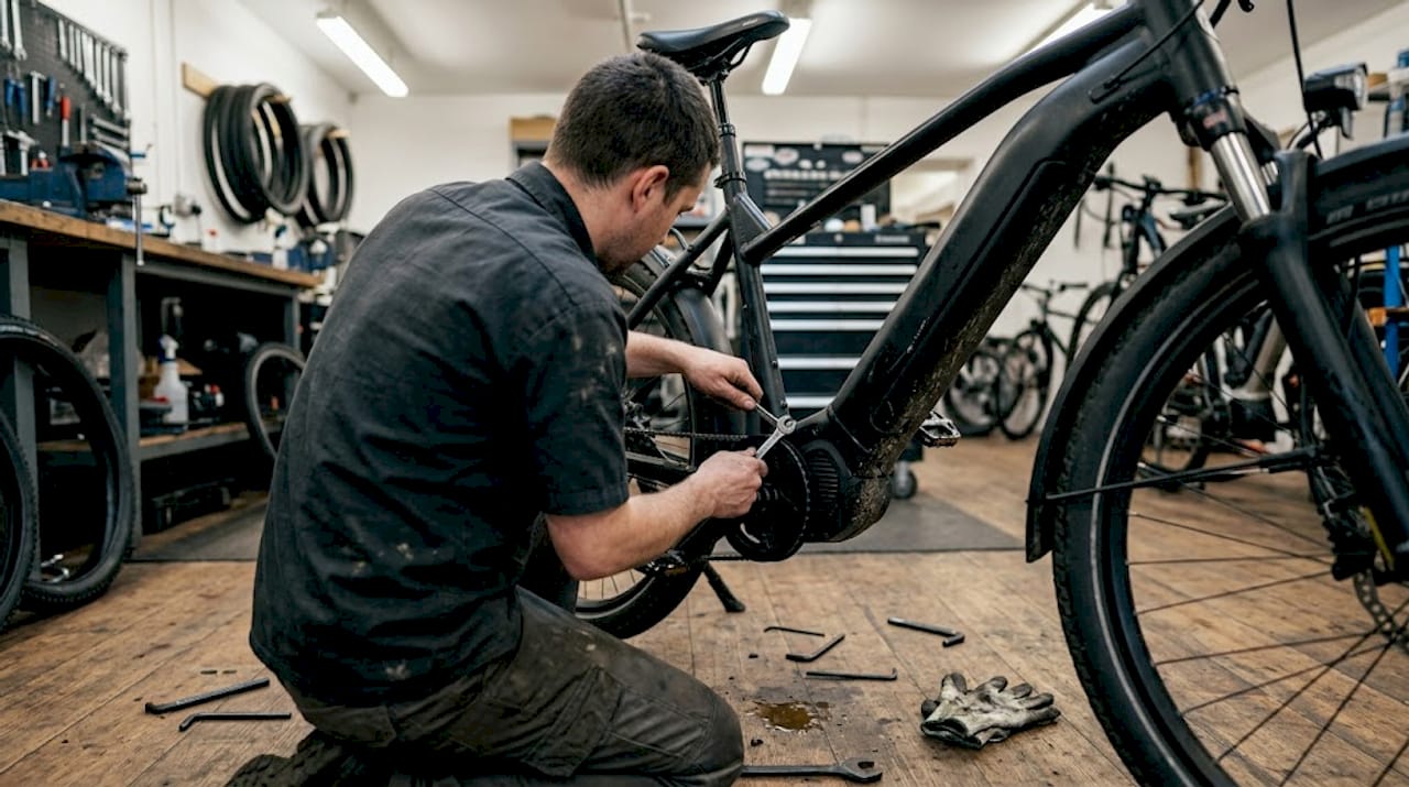Monteur stelt motor van een e-bike af in de werkplaats