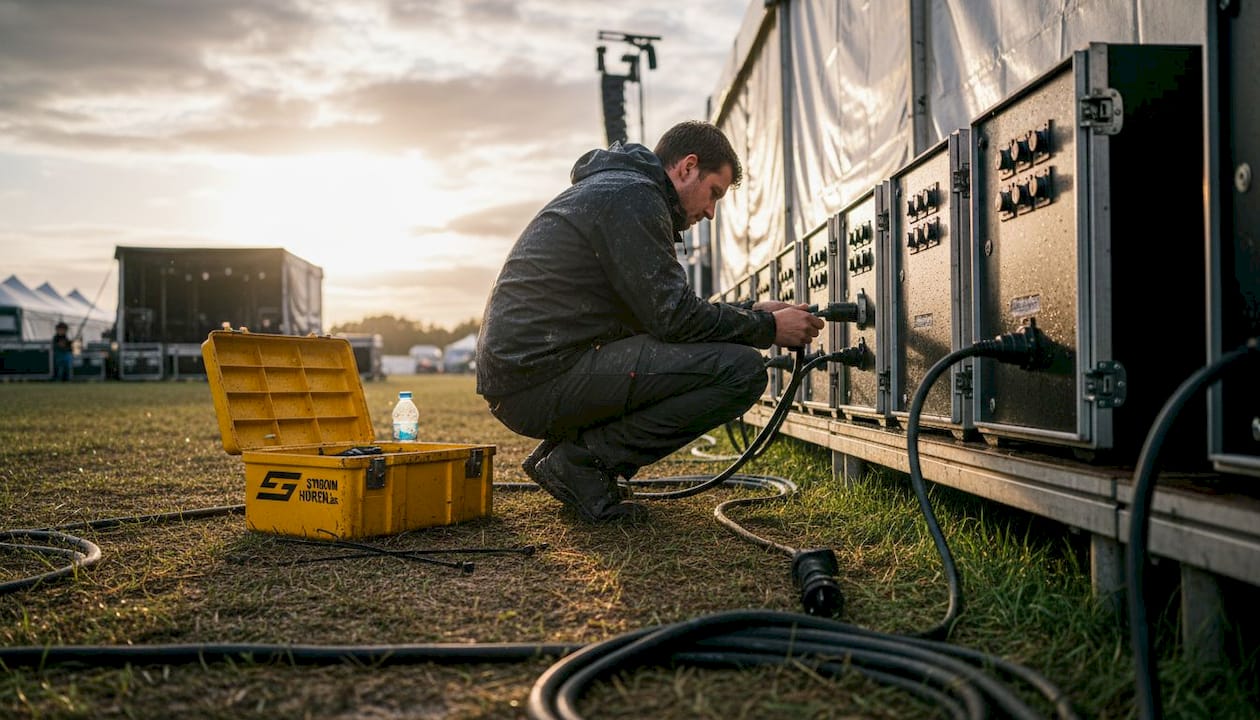 Een technicus voert een controle uit op de stroomvoorziening tijdens een buitenevenement.