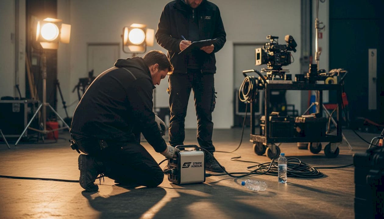 Op de filmset is alles geregeld: van professionele apparatuur tot een betrouwbare noodstroomvoorziening. Zo kunnen de opnames altijd doorgaan, zelfs bij een stroomstoring.