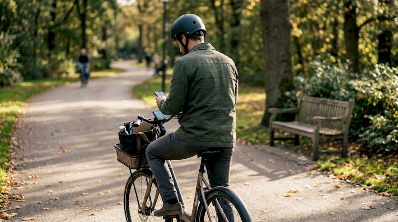 Een vrouw maakt een proefrit op een e-bike tussen het groen in het park.