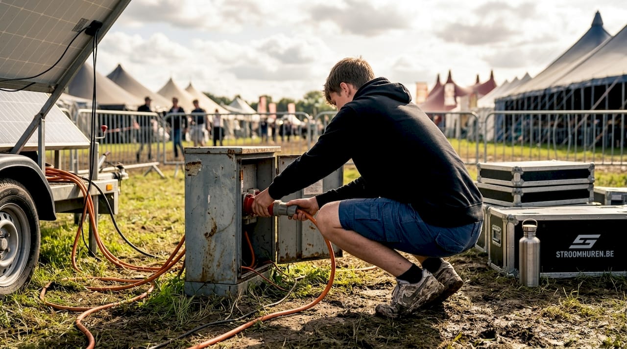 Een lid van het team sluit de zonnepanelen aan op het festivalterrein.