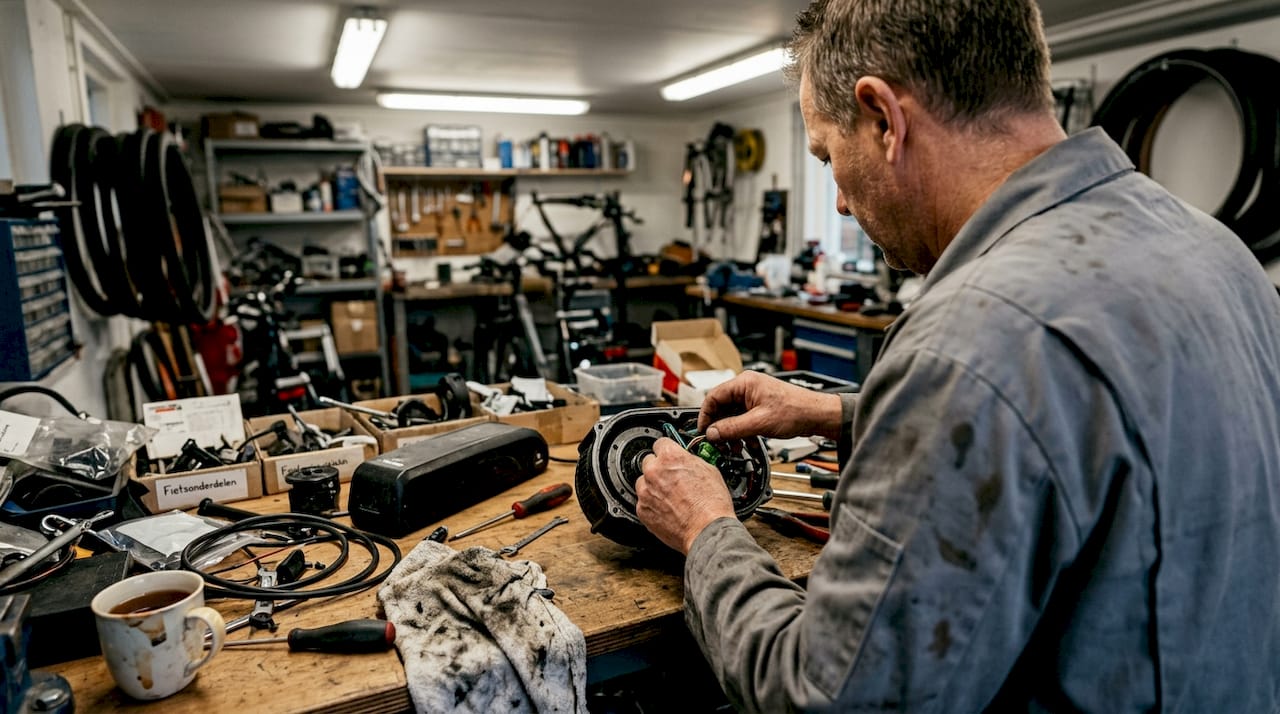 Een monteur is bezig met het repareren van een e-bike in de werkplaats.