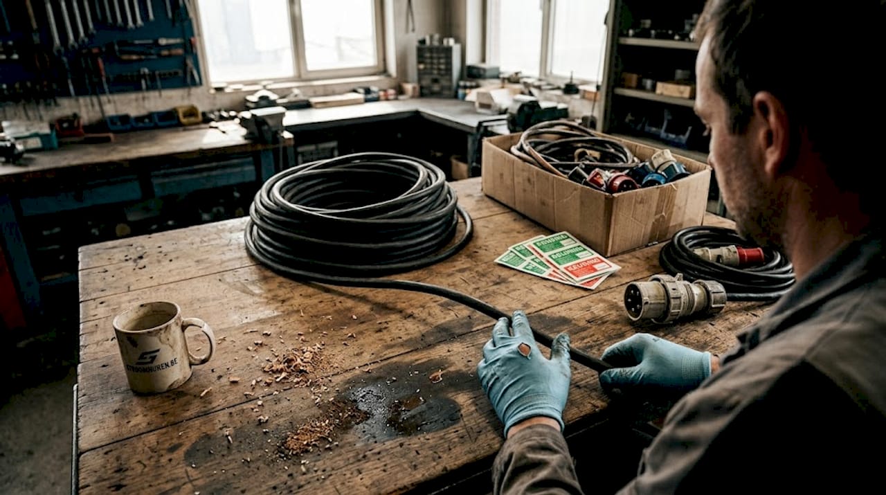 Een monteur inspecteert een tijdelijke H07RN-F stroomkabel op de bouwplaats.