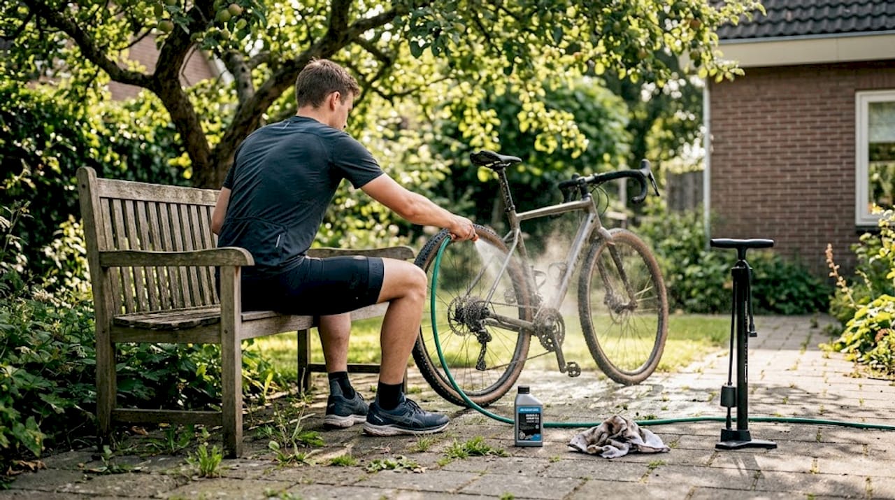 In de achtertuin maakt een fietser zijn fiets schoon met de tuinslang.